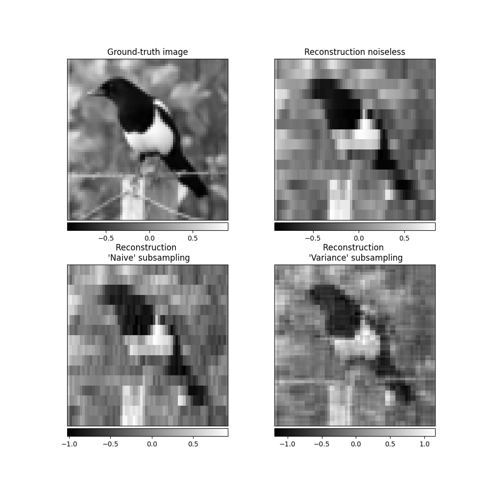 Ground-truth image, Reconstruction noiseless, Reconstruction   'Naive' subsampling, Reconstruction   'Variance' subsampling