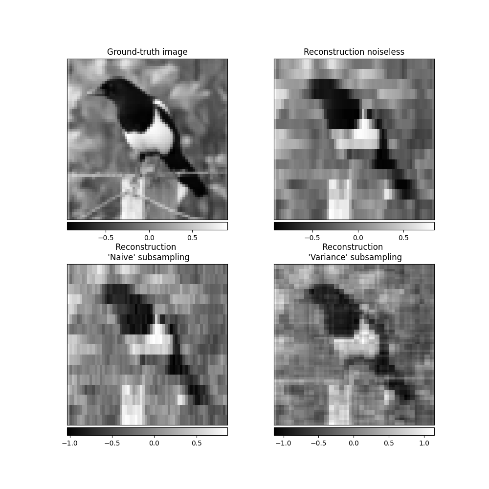 Ground-truth image, Reconstruction noiseless, Reconstruction   'Naive' subsampling, Reconstruction   'Variance' subsampling