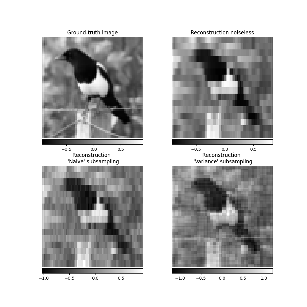 Ground-truth image, Reconstruction noiseless, Reconstruction   'Naive' subsampling, Reconstruction   'Variance' subsampling